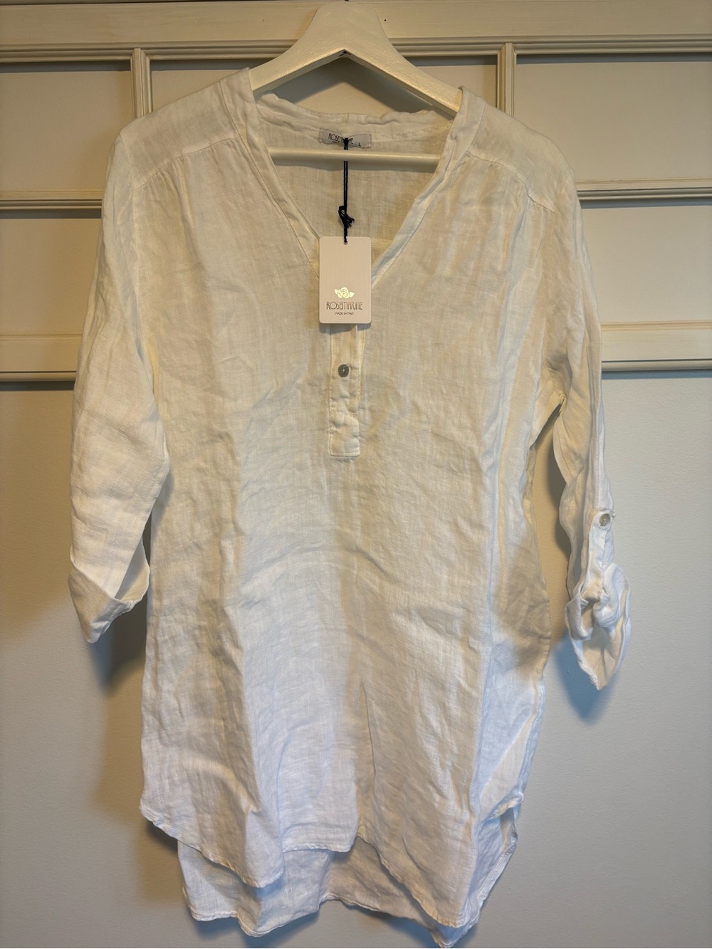 White Linen Tunic Top - Lightweight V-Neck with Roll-Tab Sleeves